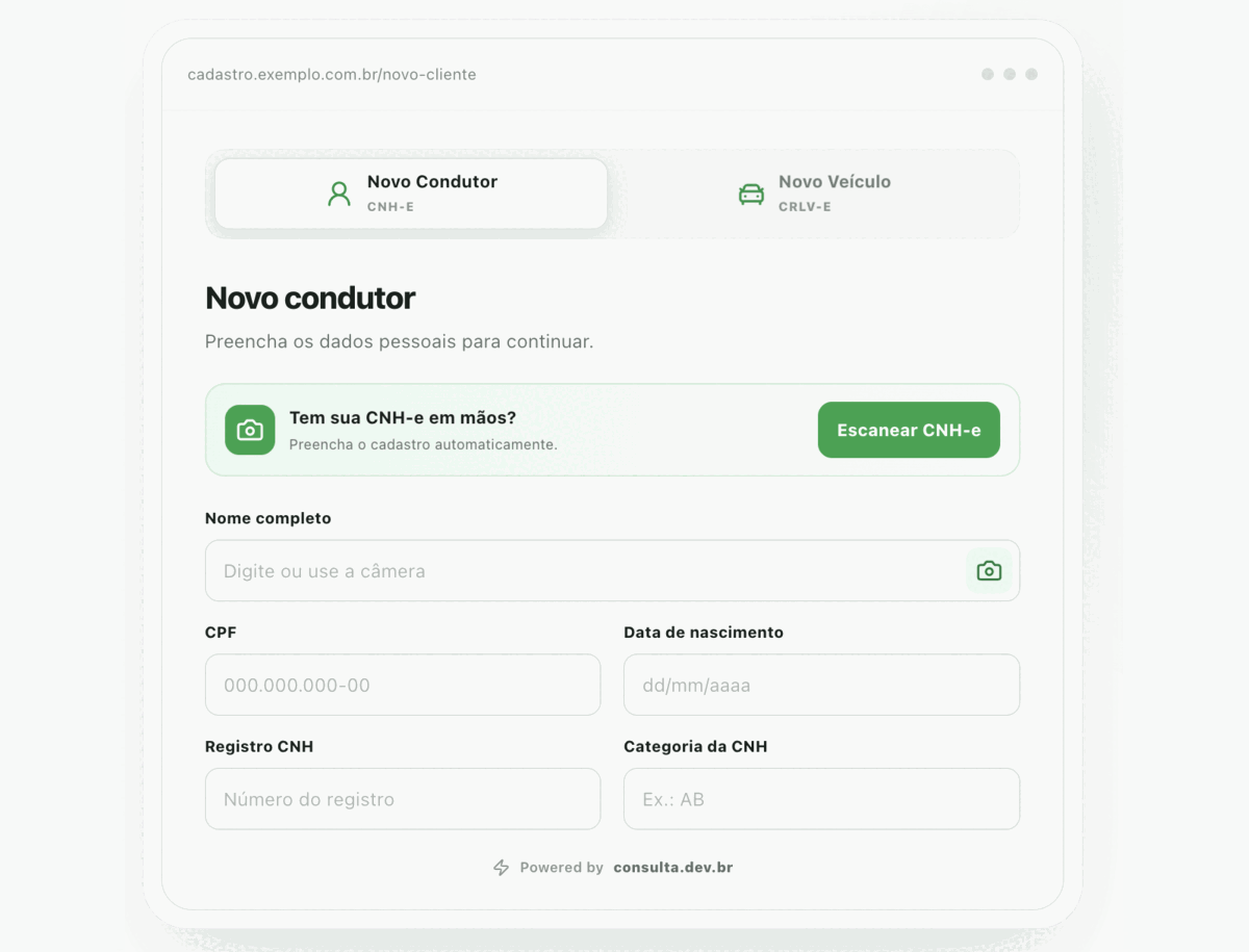 Demonstração do Consulta Autofill: formulário, leitura do QR Code da CNH-e, revisão dos dados e campos preenchidos